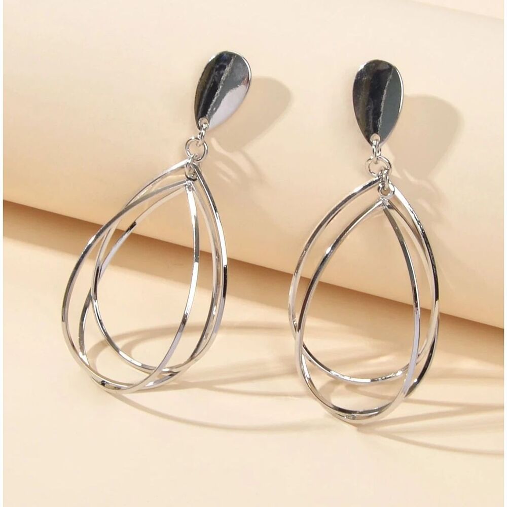 Silver Multi Layer Open Teardrop Dangle Earrings Drop Pendant Charm Post Back